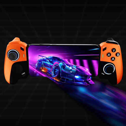 UNCTRL RAGE Type-C mobile gaming controller with vibrant car racing graphics on screen.
