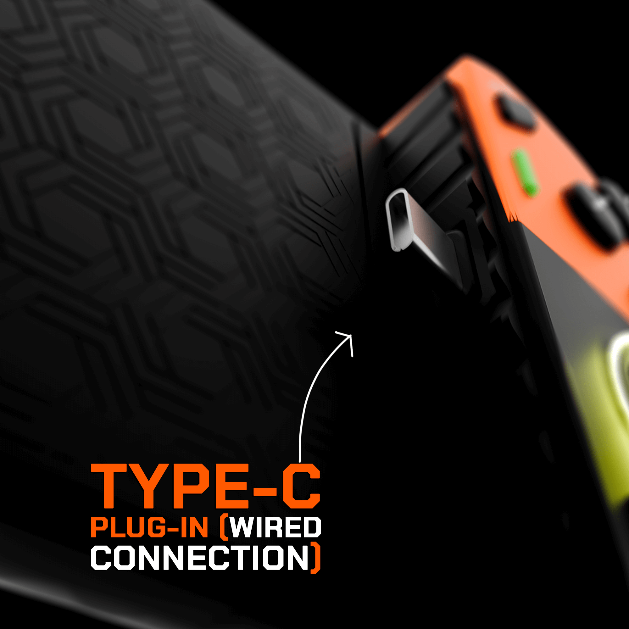 Close-up of the UNCTRL RAGE Type-C mobile gaming controller showing the Type-C plug-in wired connection.