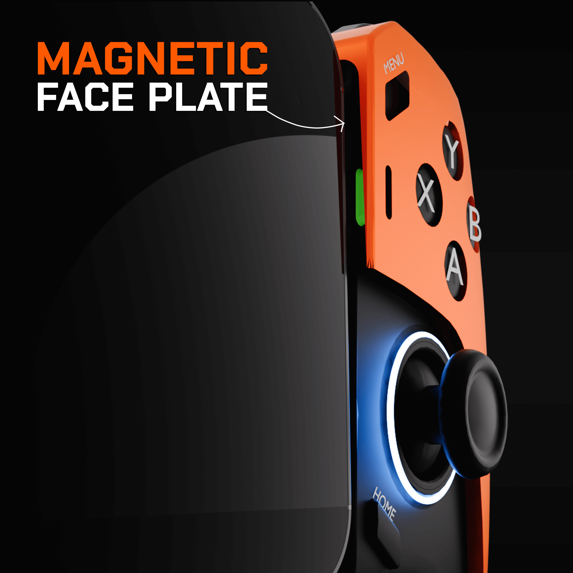 Close-up of UNCTRL RAGE Type-C mobile gaming controller showcasing its magnetic face plate feature.